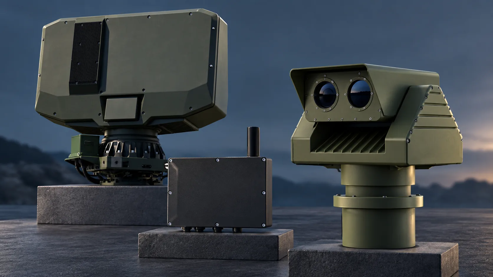 VIGIL-sensorpakke med adskilt radar, passiv RF-modtager og EO/IR-kamera med to linser på drejelig sokkel