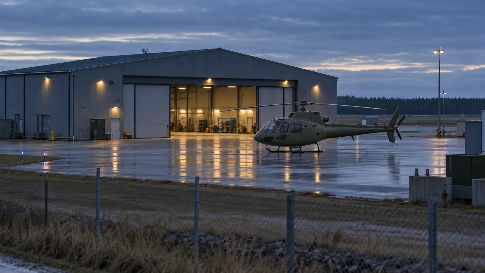 Airbus H125-helikopter ved en oplyst hangar i blåt aftenslys