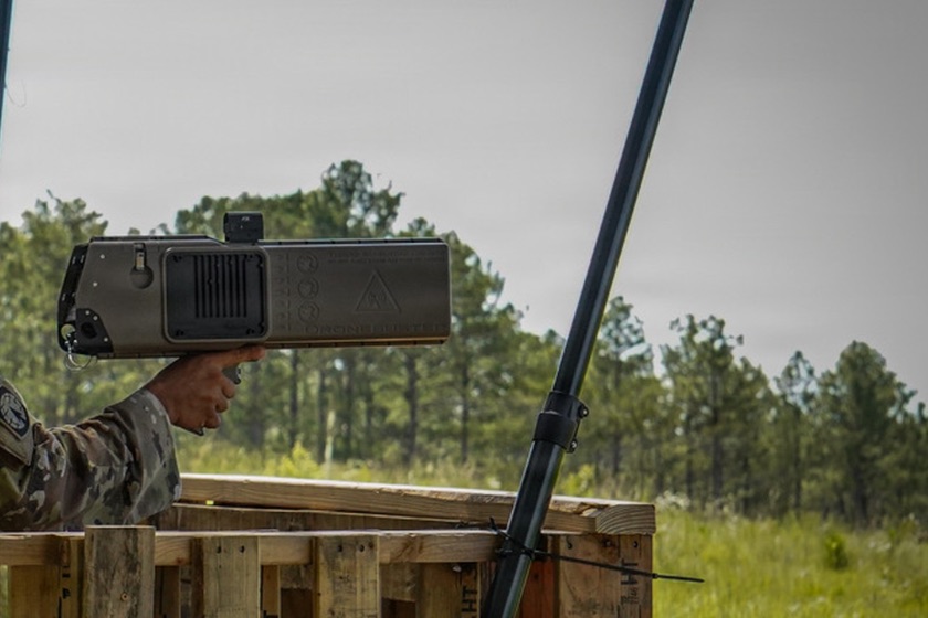 Dronebuster 4 handheld RF jammer held by a U.S. Army soldier